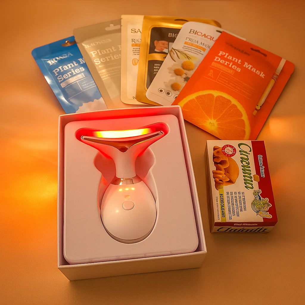 PACK ANTIEDAD (MASAJEADOR FACIAL LED + 5 MASCARILLAS + JABON DE CURCUMA)